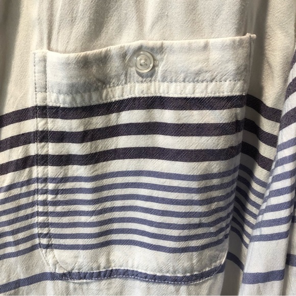 Rails blue and white horizontal stripe button down rayon blouse Chinese collar L - Picture 4 of 10